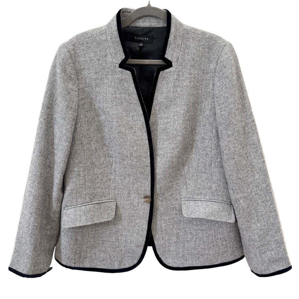 Talbots Single Breasted Wool Blend Blazer with Navy Blue Velvet Trim Size 16
